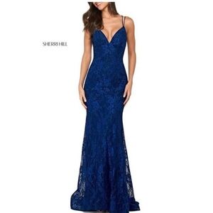 Sherry Hill - Blue Lace w/ Rhinestones, Ruching & V-Neck Neckline